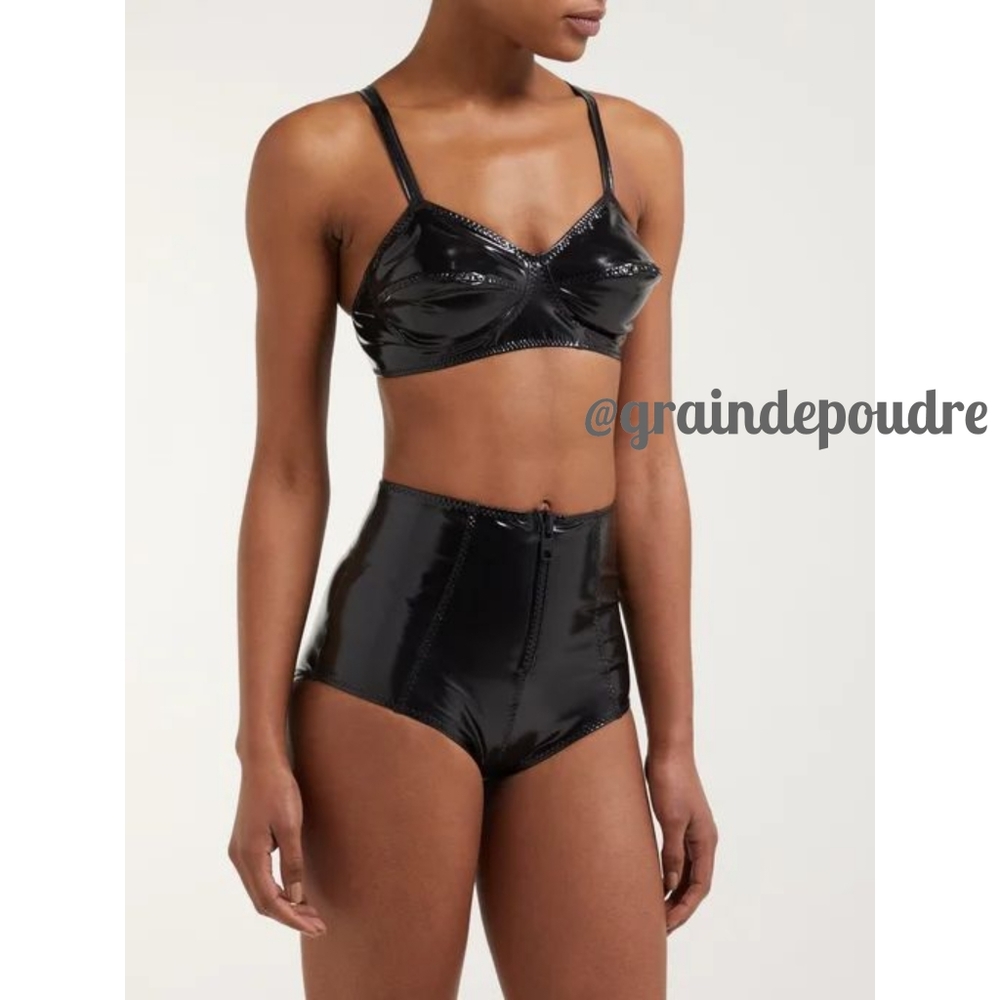 Rare! Lisa Marie Fernandez Goldwyn Black PVC Bullet Bra High Waist Pinup Bikini
